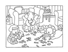 a black and white drawing of children playing in the living room with toys on the floor