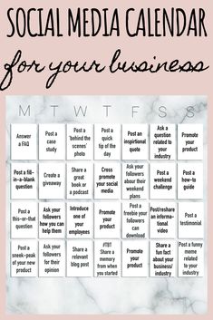 the social media calendar for your business is shown in black and white on a pink background