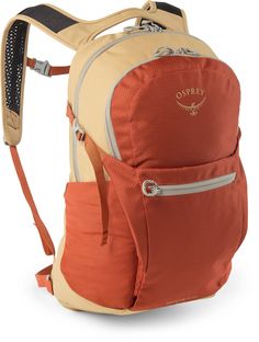 an orange and beige backpack with the word oppey on it's side