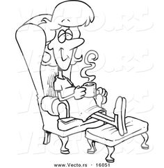 a black and white cartoon woman sitting in a chair with her feet up on a coffee cup