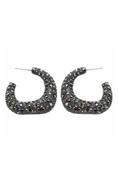 Shapely shine defines these glinting hoops featuring a sculptural silhouette and tonal pavé. 1 1/4" drop, 1/4" width Black plate/glass Imported Metal Hoop Earrings For Evening, Hematite Earrings, Men's Shoes Accessories, Walker Shoes, Platform Slippers, Black Plates, Fabric Gift Bags, Skin Care Women, Fashion Help