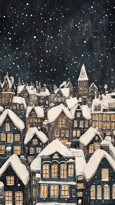 a painting of houses covered in snow at night