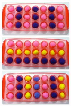 three plastic trays filled with different colored balls