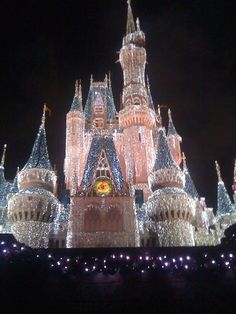 the castle is lit up with christmas lights