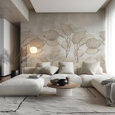 a modern living room with white furniture and wallpaper