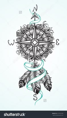 a drawing of a compass with feathers on the side and a snake wrapped around it