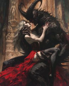 a woman in a red dress hugging a demon