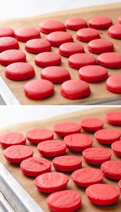 red cookies are on a baking sheet and ready to go into the oven for cooking