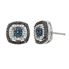 Catch every eye with these sterling silver studs. Halos of black and white diamonds frame the clustered blue diamonds at the center of each earring. Click on this JEWELRY & WATCHES GUIDE to learn about fit, styles, materials and more!Earring Details: Diameter: 9.95 mm Backings: post Metal: black, blue & white rhodium-plated sterling silver Diamond Details: Total weight: 1/3 ct. Cut: round Color: black, blue, white Color grade: I-J Clarity: I2-I3 Setting: prong Image(s) may be enlarged to show detail.Diamond weights are approximate. Diamond total weights may vary between .01 and .08 ct. Some diamonds have fewer than 17 facets.Gemstones may have been treated to enhance their appearance. Special care may be required. Please visit our Gemstone Treatment & Special Care Guide for more informatio Sterling Silver Diamond Earrings, Stud Earrings For Men, Post Metal, Blue Diamonds, Earrings Women, 3 Carat