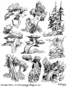 an ink drawing of various trees and animals