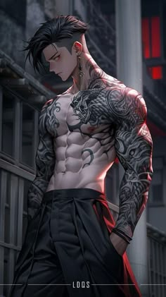 a man with tattoos on his chest and arm is standing in front of a building