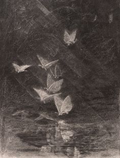 a drawing of some birds flying over water