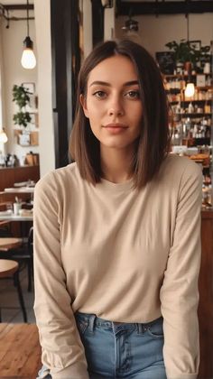 Medium Length Haircut Lob Straight, Straight Brown Hair Styles, Long Bob Side Part Straight, Brown Lob Straight, Parisian Long Bob, Short Hair Cuts For Straight Hair Woman, Brunette Hair Long Bob, Women Lob Haircut, Collarbone Straight Hair