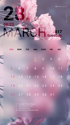 a calendar with pink flowers on it and the date is 28 march, but no one has