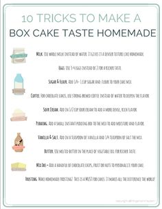 the instructions for how to make a box cake taste homemade with text overlay