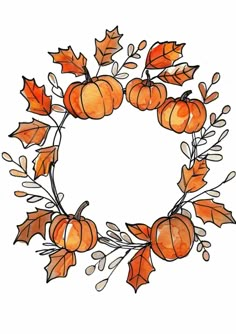 an orange wreath with leaves and acorns is shown on a white background in the shape of a circle