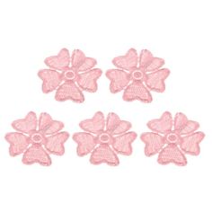 four pink crocheted flower appliques on a white background, set of five