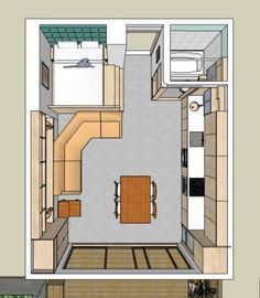 the floor plan for a small apartment with an attached bathroom and kitchenette is shown