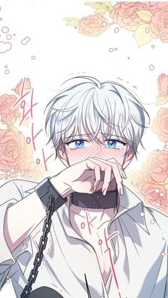 an anime character with white hair and blue eyes is holding his hand to his face