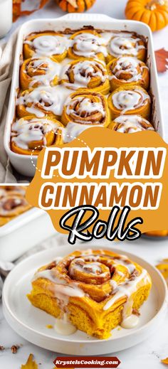 pumpkin cinnamon rolls on a plate with the title overlay