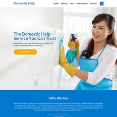 a woman in blue aprons and yellow gloves holding a spray bottle with the words domestic help service you can trust