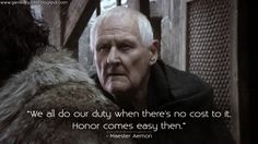 an older man with white hair and a quote on it that says, we all do our duty when there's no cost to it