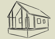 a drawing of a house with three windows