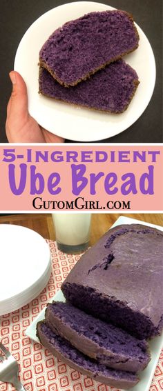 purple bread is cut in half and placed on a plate with the words, 3 ingredient ube bread