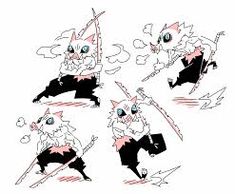 four different poses of a cat with two swords