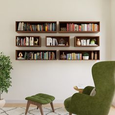 a living room filled with furniture and bookshelves next to a potted plant