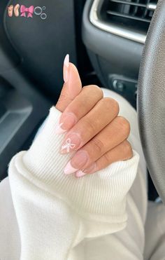 Bow Nail Inspo Short, Pink Bow Nails Aesthetic, Light Pink Nails With White French Tip, Bow Nails Valentines, Light Pink Square Nails With Design, Valentines Nails With Bow, Valentines Day Nails Bows, Pink Bow Acrylic Nails, White French Tip Nails With Pink Bow