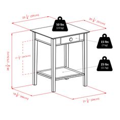 the measurements for a small end table are shown