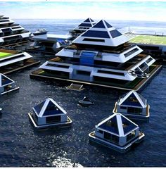 an artist's rendering of floating houses in the ocean, surrounded by smaller boats