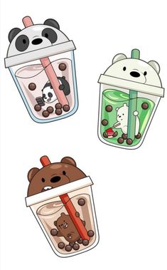 three cartoon bears are sitting next to each other with drinks in their cups and one bear is