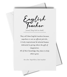 an english teacher card with the words'english teacher'in black ink on it