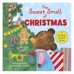 the sweet smell of christmas book with teddy bear and presents on green tree in background