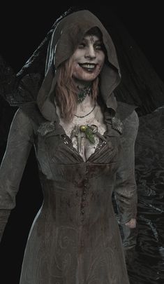 a woman in a dress and hood with an evil look on her face