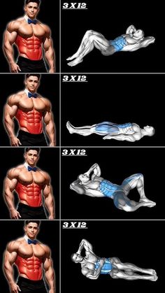 six different poses of a man doing exercises for chest and absorption muscles, with the