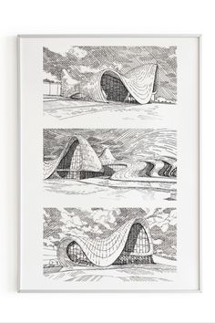 A framed print up against a white wall of the Heydar Aliyev Centre by Zaha Hadid Architects in Azerbaijan. Drawn by Gar Lai Lau. The print is made up of 3 different prints of the building. Postcard Prints, Architecture Sketches, Drawing Architecture, Pen Drawings, Zaha Hadid Architects, Architectural Prints, Building Art, Postcard Printing, Ap Art