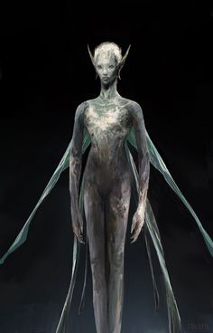 an artistic rendering of a creature with long, slender arms and legs in front of a dark background