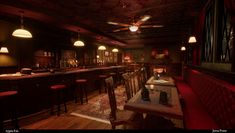 a dimly lit bar with wooden tables and stools in the middle, along with red curtains