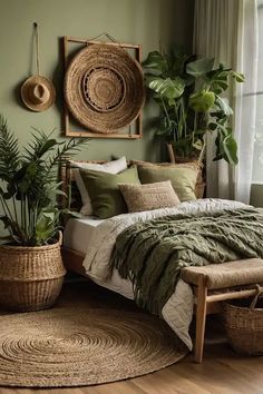 a bedroom with green walls and plants in baskets on the bed, along with rugs