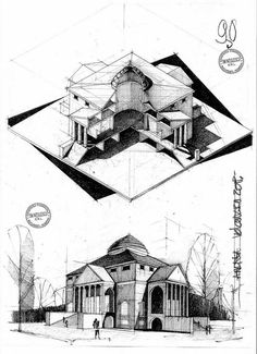 two drawings of different architectural styles