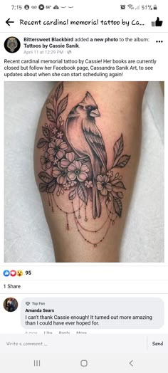 a bird sitting on top of a branch with flowers and leaves around it, next to an instagram tweet