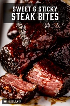 sweet and sticky steak bites on a white plate with text overlay that reads, sweet and sticky steak bites