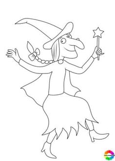 a drawing of a witch holding a wand and wearing a hat with stars on it