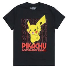 Pokemon Pikachu men's tee Front screen print graphic Inner print label Crew neck Short sleeve 100% cotton Officially licensed apparel Imported Size: L.  Color: black.  Gender: male.  Age Group: adult. Pikachu Shirt, Pokemon Shirts, Pokemon T, Black Pokemon, Spring T Shirts, Mens Casual T Shirts, Pokemon Pikachu, Gaming Shirt, Print Graphic