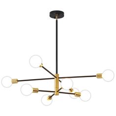 the brass and black chandelier with five lights hanging from it's center