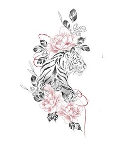 a tiger with flowers on it's back