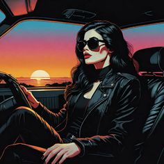 a woman sitting in the driver's seat of a car, wearing sunglasses and a leather jacket